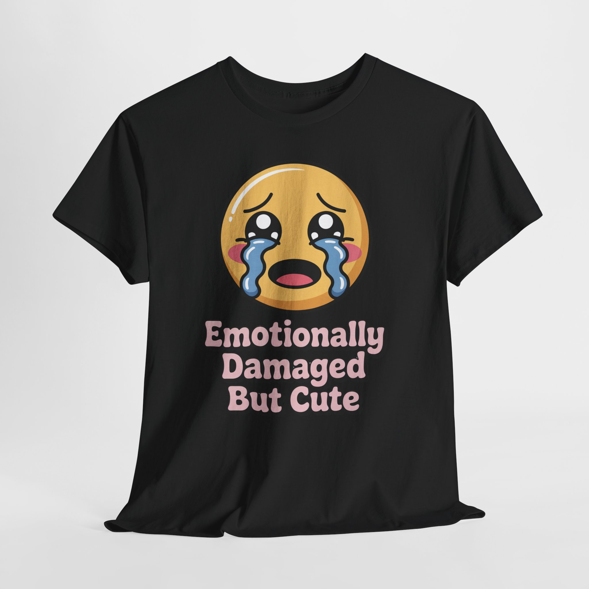 Emotionally Damaged But Cute Shirt, Crying Emoji Graphic Tee, Funny Mental Health Humor T-Shirt
