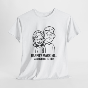 Happily Married According To Her Tee, Sarcastic Humor T-Shirt for Men, Funny Minimal Shirt, Anniversary Gift